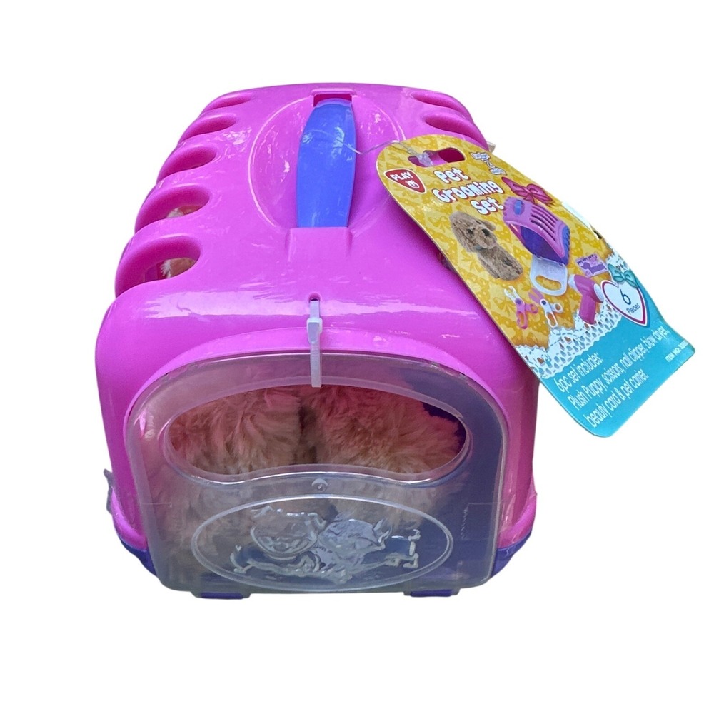 Playgo Pet Grooming Set 6pc Plush Puppy Pink Carrier Toy 3388G New with Tags